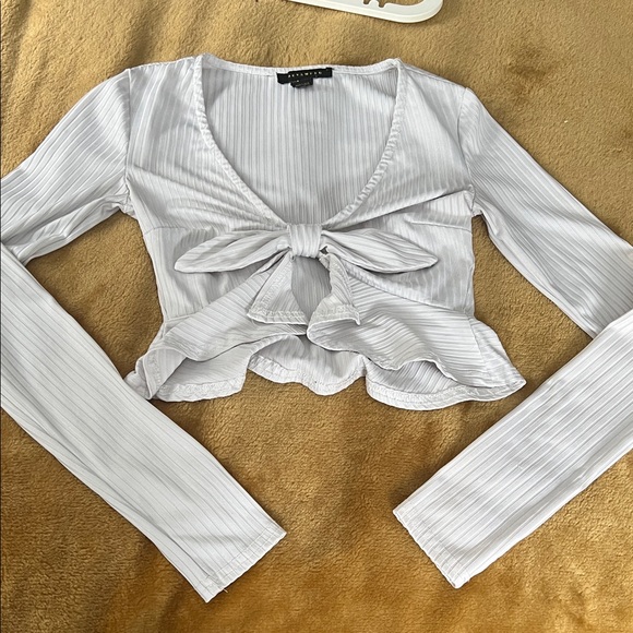 Revamped Tops - Revamped | Women’s Size XS White Ribbed Long-sleeve Tie-Front Blouse